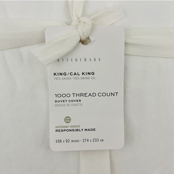 Pottery Barn Duvet Cover KING / CAL KING 1000 Thread Count Sateen White NWT - Picture 2 of 6